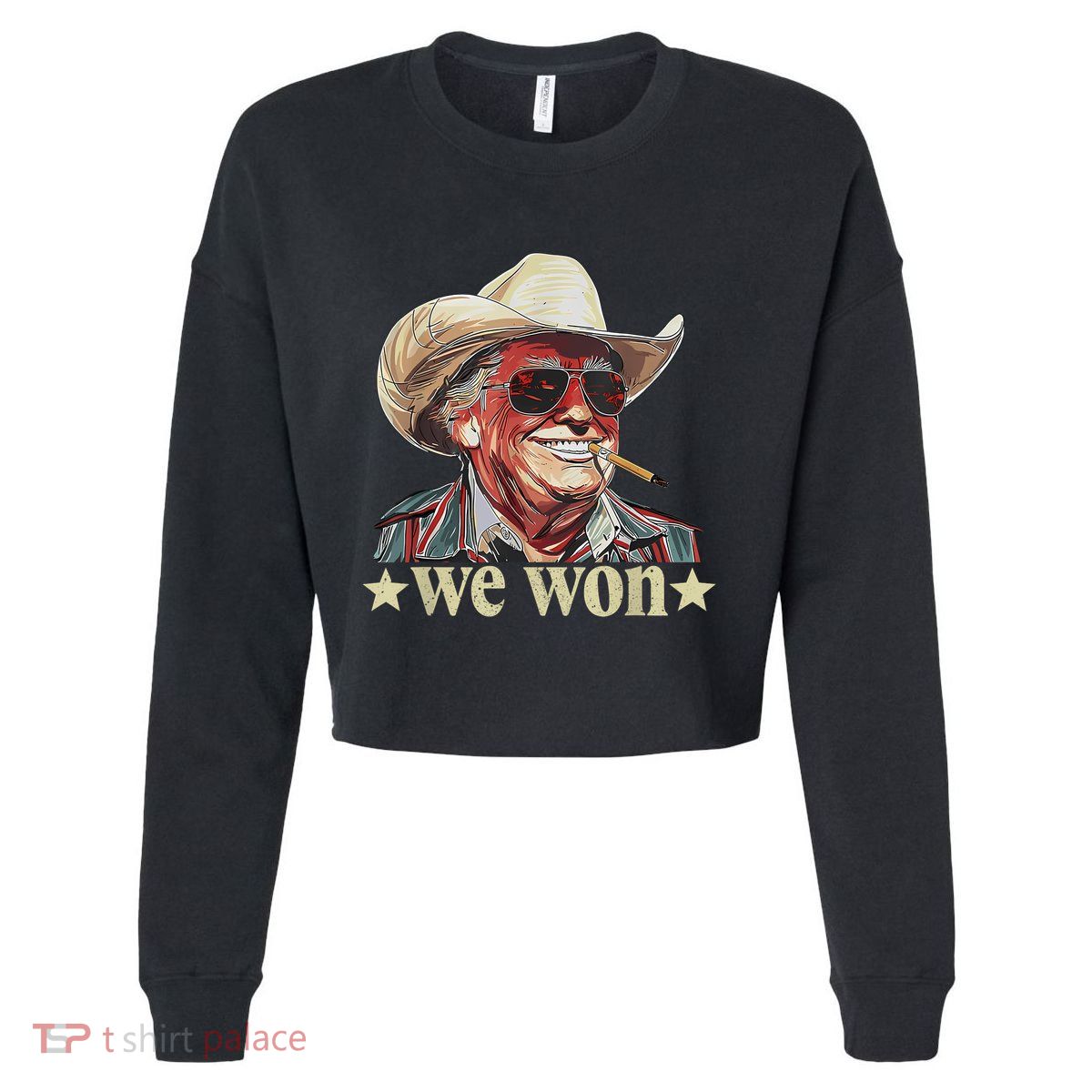 Western Trump Cowboy We Won American Flag Cowboy Hat Cropped Pullover Crew
