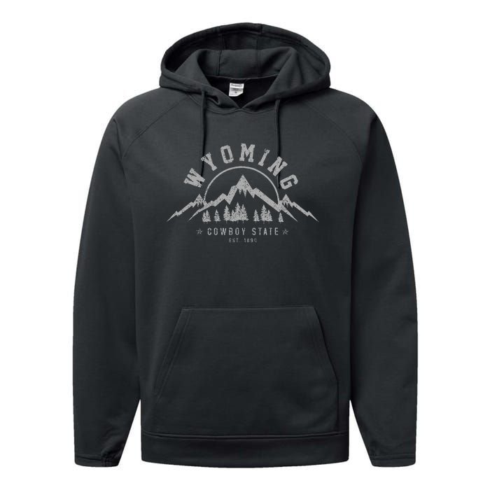 Wyoming The Cowboy State Est. 1890 Vintage Mountains Gift Performance Fleece Hoodie