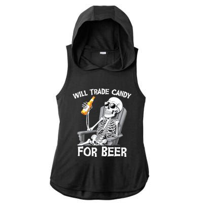 Will Trade Candy For Beer Bottle Skeleton Halloween Funny Ladies PosiCharge Tri-Blend Wicking Draft Hoodie Tank