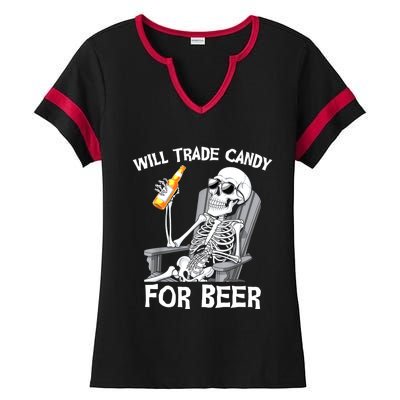 Will Trade Candy For Beer Bottle Skeleton Halloween Funny Ladies Halftime Notch Neck Tee