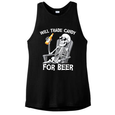 Will Trade Candy For Beer Bottle Skeleton Halloween Funny Ladies PosiCharge Tri-Blend Wicking Tank