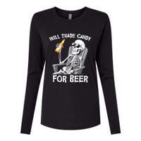 Will Trade Candy For Beer Bottle Skeleton Halloween Funny Womens Cotton Relaxed Long Sleeve T-Shirt