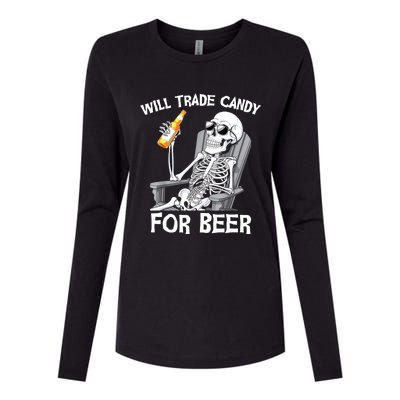 Will Trade Candy For Beer Bottle Skeleton Halloween Funny Womens Cotton Relaxed Long Sleeve T-Shirt