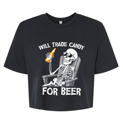 Will Trade Candy For Beer Bottle Skeleton Halloween Funny Bella+Canvas Jersey Crop Tee