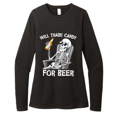 Will Trade Candy For Beer Bottle Skeleton Halloween Funny Womens CVC Long Sleeve Shirt