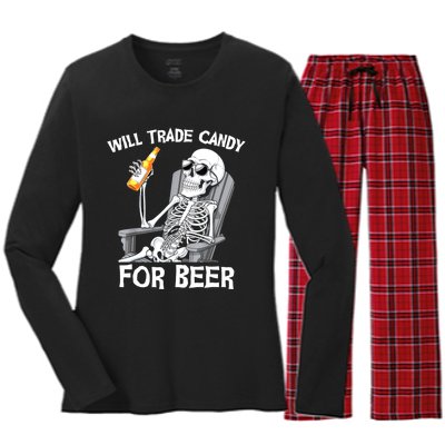 Will Trade Candy For Beer Bottle Skeleton Halloween Funny Women's Long Sleeve Flannel Pajama Set 