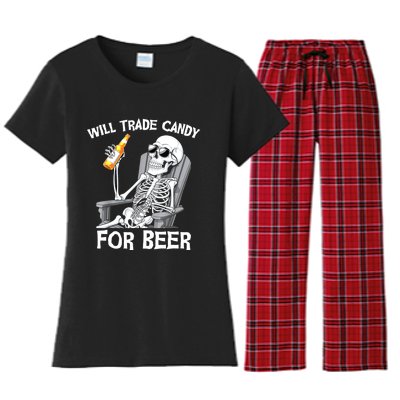 Will Trade Candy For Beer Bottle Skeleton Halloween Funny Women's Flannel Pajama Set