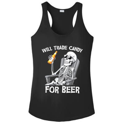 Will Trade Candy For Beer Bottle Skeleton Halloween Funny Ladies PosiCharge Competitor Racerback Tank