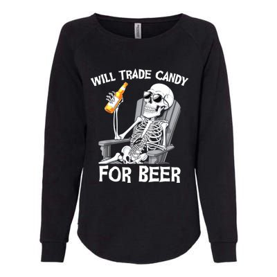 Will Trade Candy For Beer Bottle Skeleton Halloween Funny Womens California Wash Sweatshirt