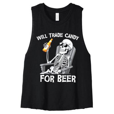 Will Trade Candy For Beer Bottle Skeleton Halloween Funny Women's Racerback Cropped Tank