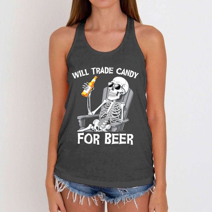 Will Trade Candy For Beer Bottle Skeleton Halloween Funny Women's Knotted Racerback Tank