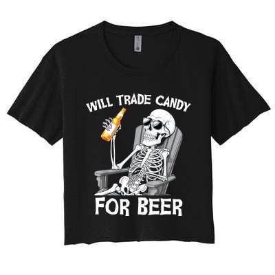 Will Trade Candy For Beer Bottle Skeleton Halloween Funny Women's Crop Top Tee