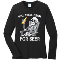 Will Trade Candy For Beer Bottle Skeleton Halloween Funny Ladies Long Sleeve Shirt