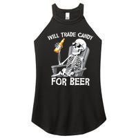 Will Trade Candy For Beer Bottle Skeleton Halloween Funny Women's Perfect Tri Rocker Tank