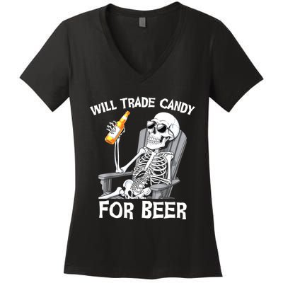 Will Trade Candy For Beer Bottle Skeleton Halloween Funny Women's V-Neck T-Shirt