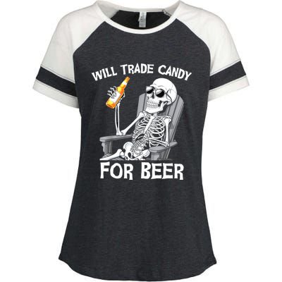 Will Trade Candy For Beer Bottle Skeleton Halloween Funny Enza Ladies Jersey Colorblock Tee