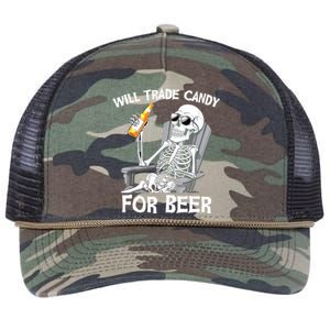 Will Trade Candy For Beer Bottle Skeleton Halloween Funny Retro Rope Trucker Hat Cap