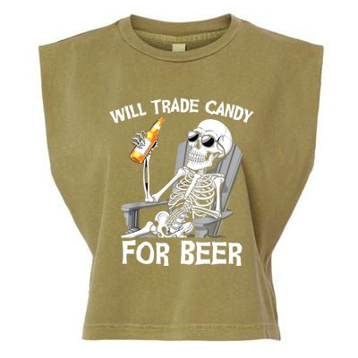 Will Trade Candy For Beer Bottle Skeleton Halloween Funny Garment-Dyed Women's Muscle Tee