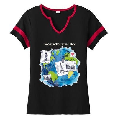 World Tourism Day Funny Gift Love To Travel Funny Gift World Globe Great Gift Ladies Halftime Notch Neck Tee