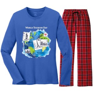 World Tourism Day Funny Gift Love To Travel Funny Gift World Globe Great Gift Women's Long Sleeve Flannel Pajama Set 