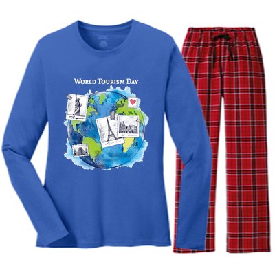 World Tourism Day Funny Gift Love To Travel Funny Gift World Globe Great Gift Women's Long Sleeve Flannel Pajama Set 