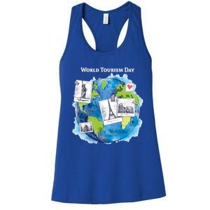 World Tourism Day Funny Gift Love To Travel Funny Gift World Globe Great Gift Women's Racerback Tank