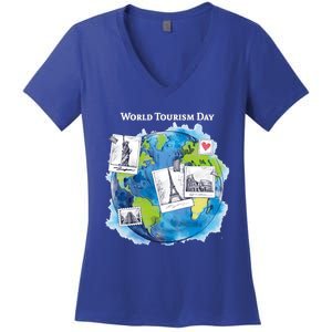 World Tourism Day Funny Gift Love To Travel Funny Gift World Globe Great Gift Women's V-Neck T-Shirt