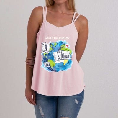 World Tourism Day Funny Gift Love To Travel Funny Gift World Globe Great Gift Women's Strappy Tank