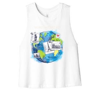 World Tourism Day Funny Gift Love To Travel Funny Gift World Globe Great Gift Women's Racerback Cropped Tank