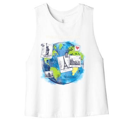 World Tourism Day Funny Gift Love To Travel Funny Gift World Globe Great Gift Women's Racerback Cropped Tank