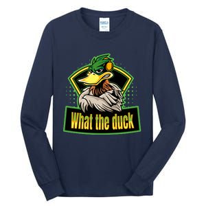 What The Duck Funny Duck Pun Funny Puns Duck Gamer Video Games Tall Long Sleeve T-Shirt