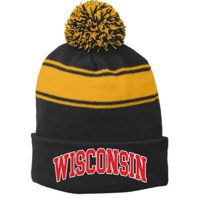 Wisconsin Throwback Design Classic Stripe Pom Pom Beanie