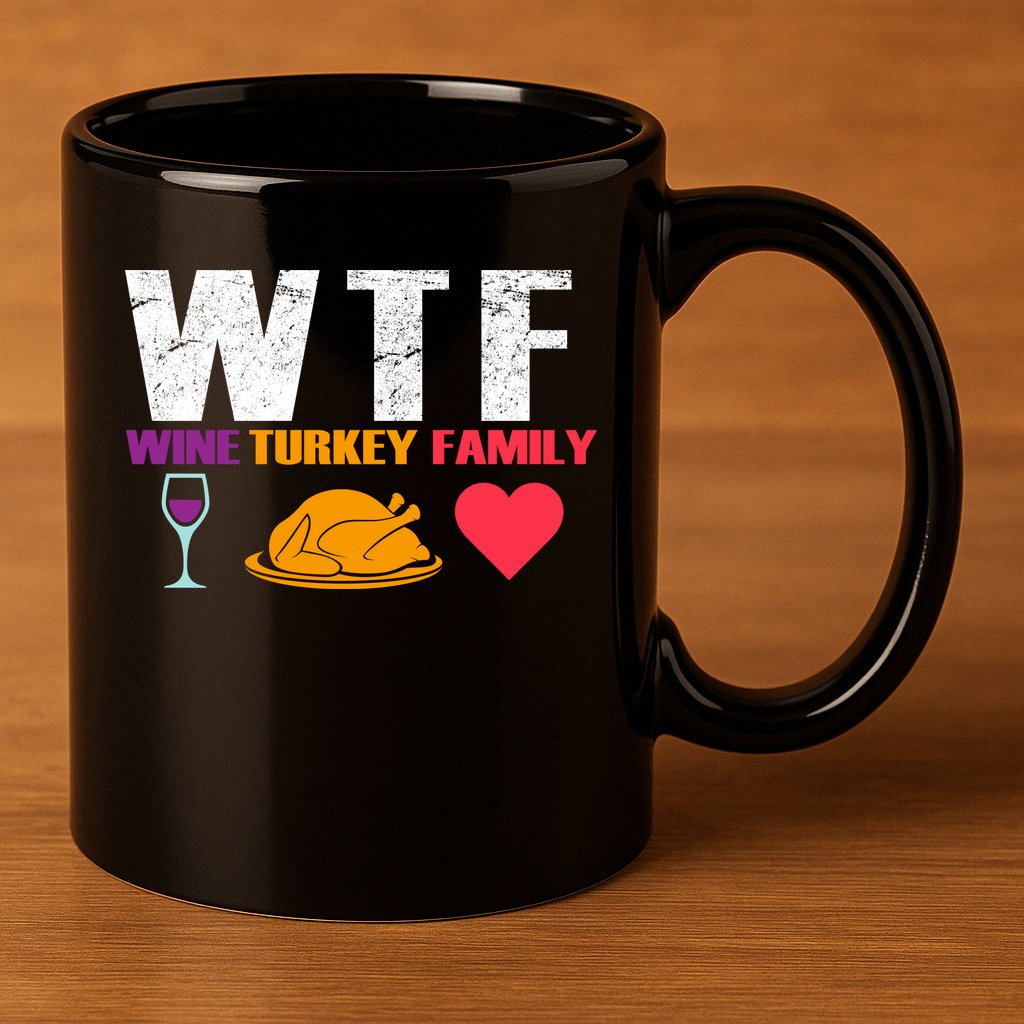 WTF Wine Turkey Family Thanksgiving  11oz C Handle Ceramic Mug