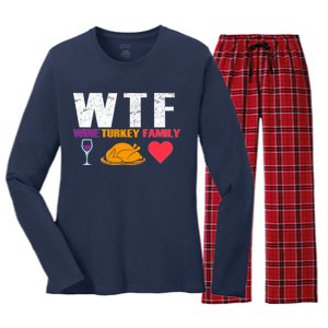 WTF Wine Turkey Family Thanksgiving  Women's Long Sleeve Flannel Pajama Set 