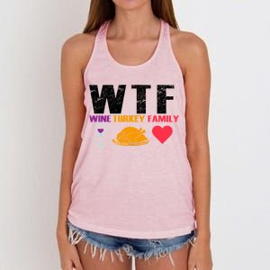 WTF Wine Turkey Family Thanksgiving  Women's Knotted Racerback Tank