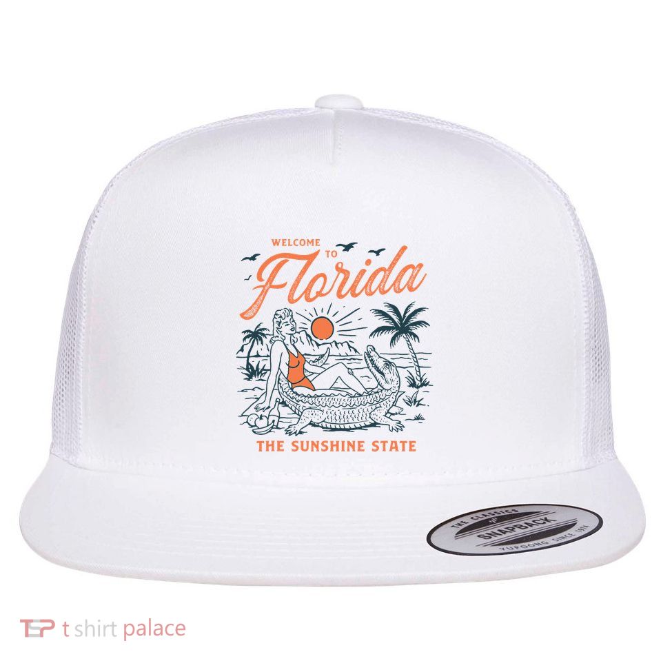 Welcome To Florida Funny Vintage Gator Beach Sunshine State Flatbill Hat