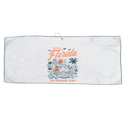 Welcome To Florida Funny Vintage Gator Beach Sunshine State Large Microfiber Waffle Golf Towel