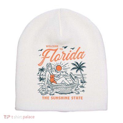 Welcome To Florida Funny Vintage Gator Beach Sunshine State Short Acrylic Beanie