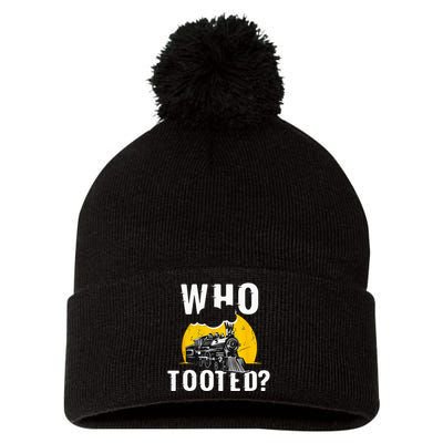 Who Tooted Funny Train Lover Cute Model Railroad Conductor Pom Pom 12in Knit Beanie