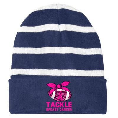 Woman Tackle Football Pink Ribbon Breast Cancer Awareness Striped Beanie with Solid Band