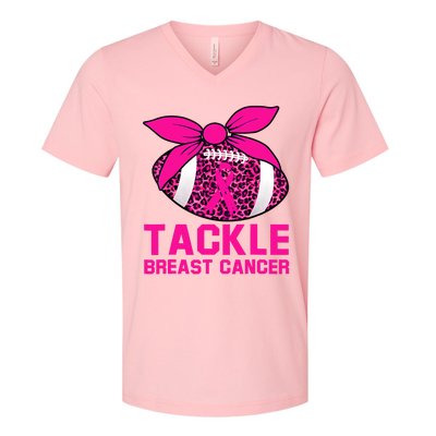 Woman Tackle Football Pink Ribbon Breast Cancer Awareness V-Neck T-Shirt