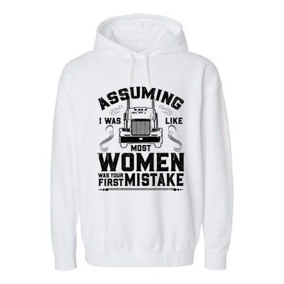 Wo Trucker Female Truck Driver Funny Gift Garment-Dyed Fleece Hoodie