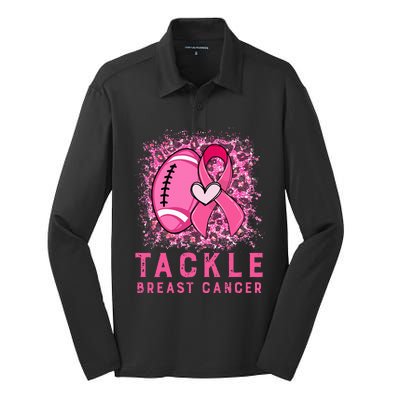 Woman Tackle Football Pink Ribbon Breast Cancer Awareness Silk Touch Performance Long Sleeve Polo