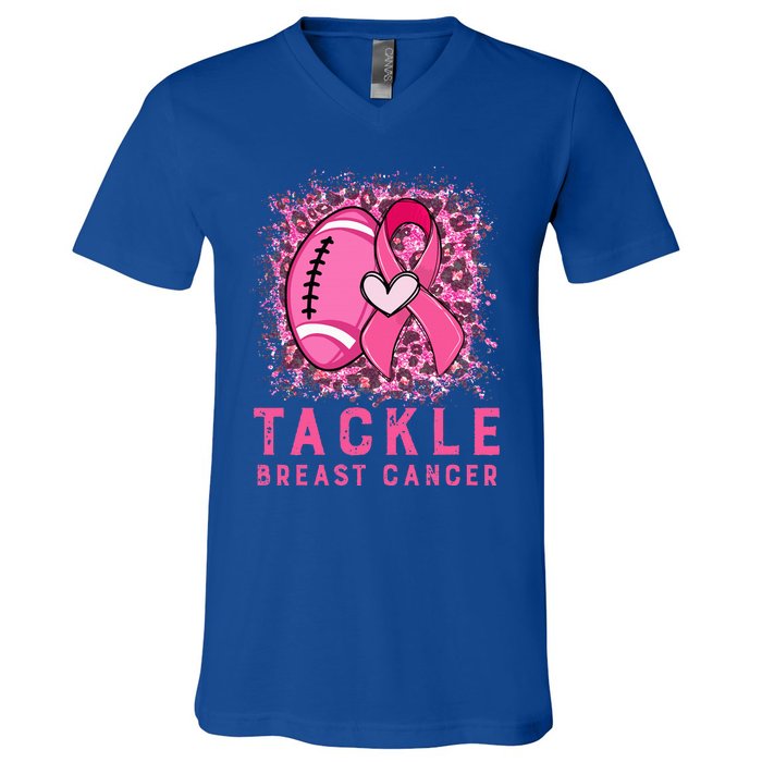 Woman Tackle Football Pink Ribbon Breast Cancer Awareness V-Neck T-Shirt