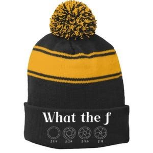 What The F Photography Camera F Stop Lens Photographer Stripe Pom Pom Beanie