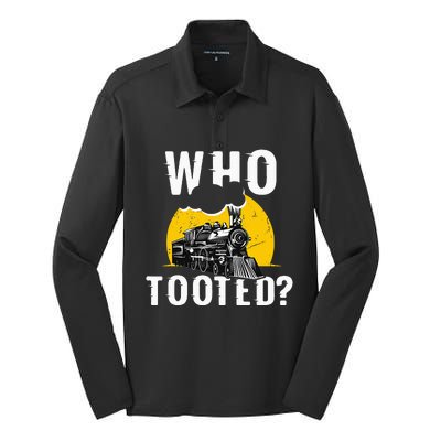 Who Tooted Funny Train Lover Cute Model Railroad Conductor Silk Touch Performance Long Sleeve Polo