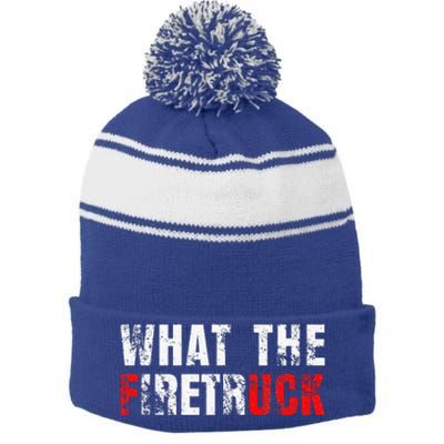 What The Firetruck Fireman Funny Firefighter Stripe Pom Pom Beanie