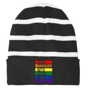 Whoever The Fuck You Want LGBTQ Rainbow Ally Pride Flag  Striped Beanie with Solid Band