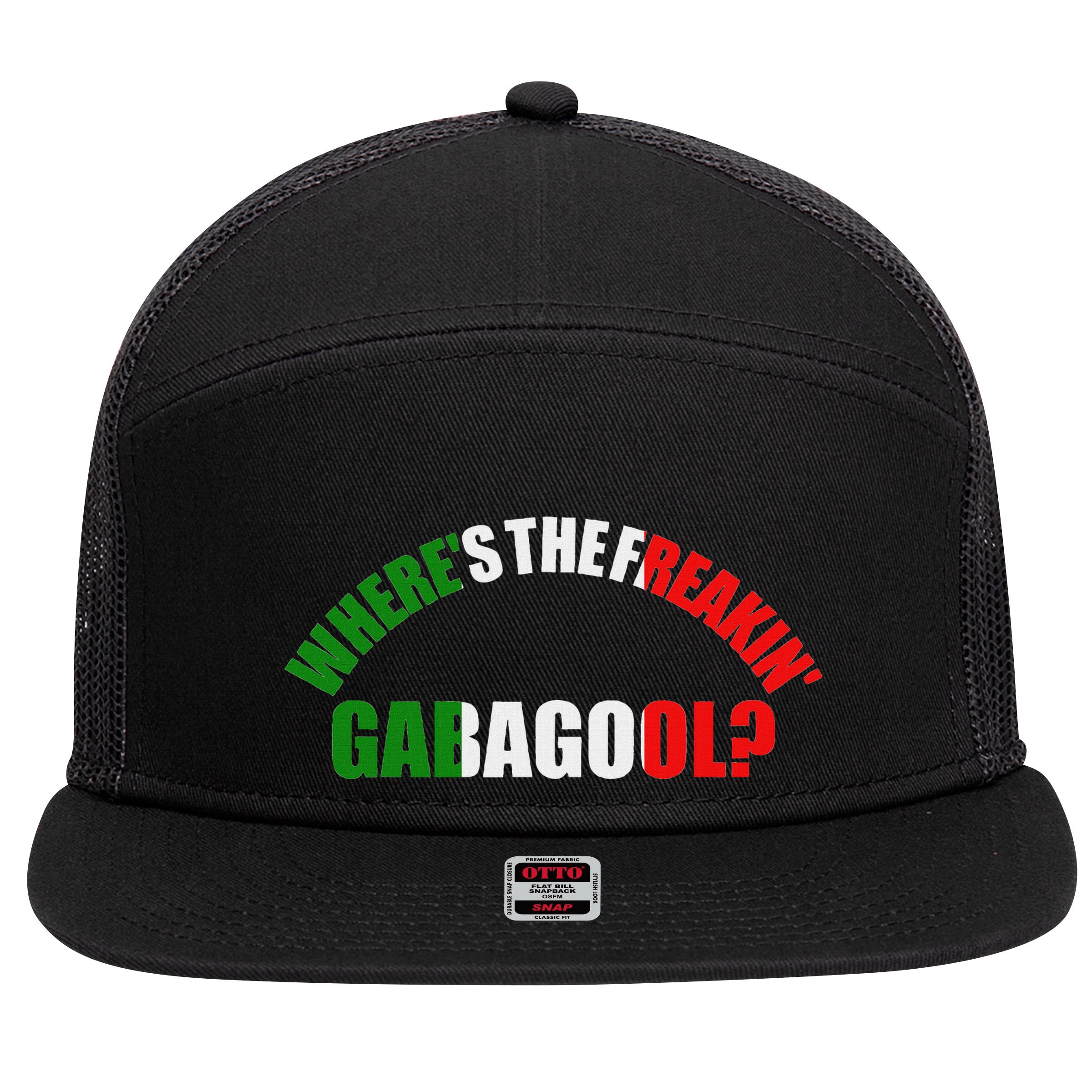 WhereS The Freakin Gabagool Meme Capicola Italian American 7 Panel Mesh Trucker Snapback Hat