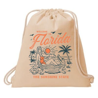 Welcome To Florida Funny Vintage Gator Beach Sunshine State Drawstring Bag